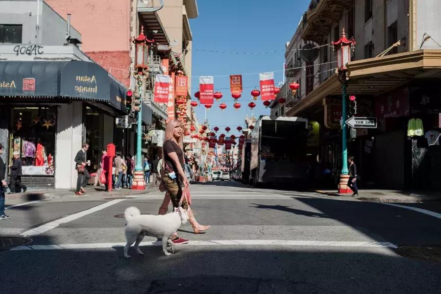 cormack十字架 walking with her dog in Chinatown.